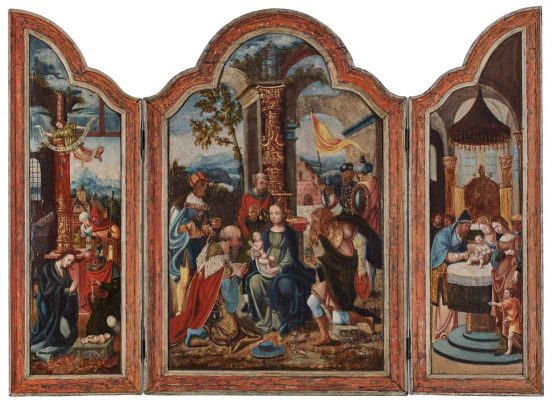 Triptychon Antwerpener Schule um 1530
"Anbetung des Christuskinders"
Öl/Holz, 89 x 57 cm u. je 89 x 24 cm
 
Taxe € 14.000,-
