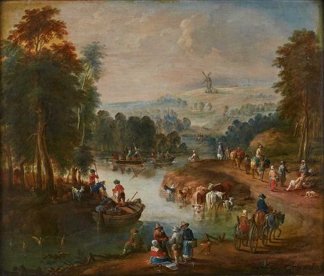 Theobald Michau
1676 Tournai - 1765 Antwerpen
"The Mill of Regilones -
Buntes Treiben am Fluss"
u. re. sign. T. Michau
verso m. d. Titel
Öl/Holz, 47,7 x 56 cm
 
Taxe € 1.200,-