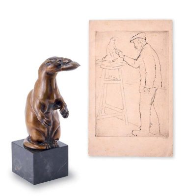 Bronze A. Gaul / Radierung E. Orlik Fischotter mit Fisch, nach 1921.